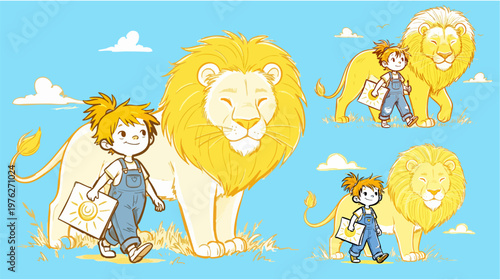 Whimsical cartoon girl walking with a friendly lion, cute child character with animal companion vector, storybook illustration of friendship