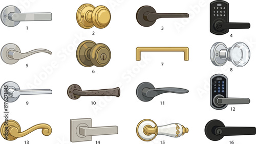 Door handle and knob collection with smart locks, modern and vintage hardware vector illustration set, home security