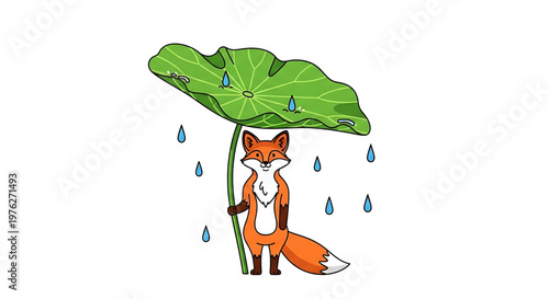 A cartoon fox standing under a large green leaf umbrella on a rainy day