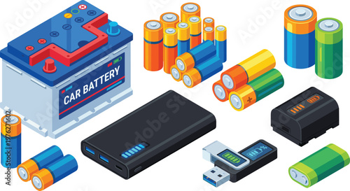Car battery and portable power bank with alkaline batteries set, energy storage devices vector illustration, electronic power sources