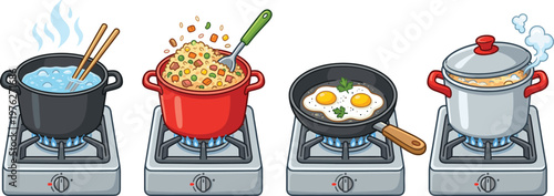 Cooking process on gas stove with boiling water fried eggs and rice, kitchen culinary vector illustration set, food preparation