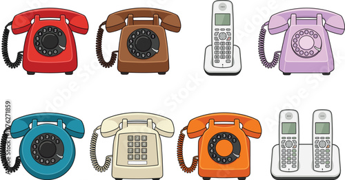 Vintage rotary phone collection and modern cordless telephone set, communication technology vector illustration, retro hardware