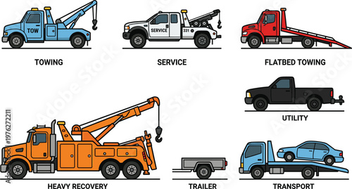 Towing and recovery vehicle set with flatbed transport and heavy duty tow truck, roadside assistance service vector illustration collection