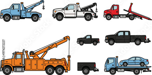 Towing and recovery vehicle set with flatbed transport and heavy duty tow truck, roadside assistance service vector illustration collection