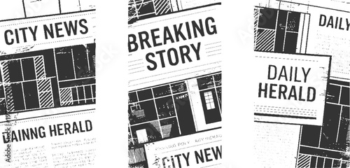 Black and white newspaper headlines and text blocks with