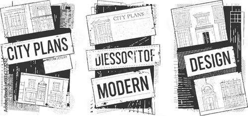 Black and white collage of architectural city plans and building with text labels