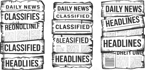 Three torn newspaper sections with headlines classifieds and daily news text