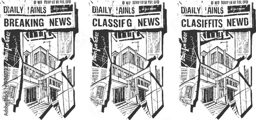 Three newspaper pages with building and headlines daily breaking news classifieds