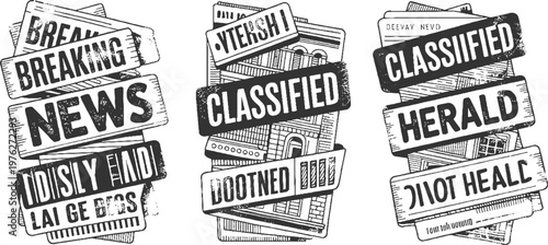 Stacked newspaper headlines and classified ads in a distressed black and white style breaking
