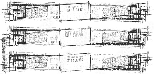 Three horizontal bands of distressed black and white depicting architectural blueprints and text grunge