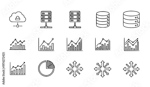 A set of black and white line art icons depicting business data and analytics