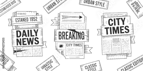 Black and white newspaper headlines and banners with established dates and urban classic styles breaking