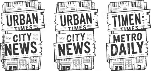 Three hand drawn newspaper mastheads urban times city news metro daily with buildings