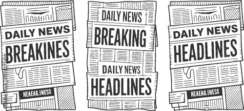 Three black and white newspaper stacks with bold headlines daily news breaking headlines and business