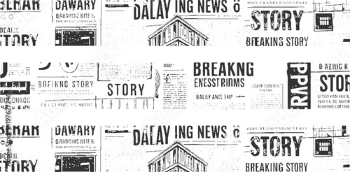 Black and white newspaper collage with headlines and