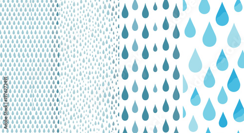 Raindrop Pattern Background Set with Blue Water Drop Shapes in Gradient and Repeating Styles for Weather, Nature, and Design Concepts