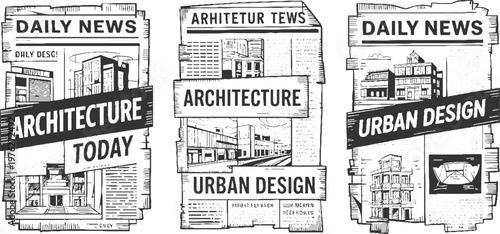 Three newspaper pages featuring architecture and urban articles with of buildings daily