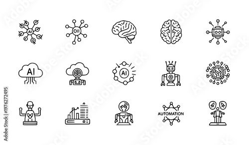 A set of minimalist line art icons representing artificial intelligence and automation concepts
