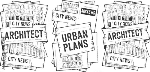 Three black and white ink of architectural blueprints and city newspapers with architect and urban plans text