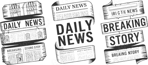 Black and white newspaper headlines and articles with architectural and text daily breaking story