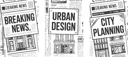 Black and white newspaper clippings featuring headlines about urban and city planning with architectural