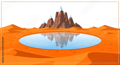 A serene desert oasis with a mountain range and a reflective pool of water in the foreground, surrounded by sandy dunes under a clear sky.