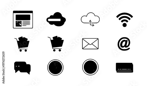 A set of modern flat icons representing online communication and shopping