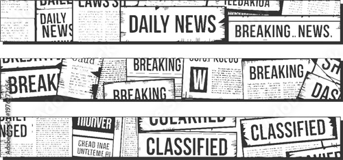 Black and white newspaper headlines and text fragments including daily news breaking news and classified ads