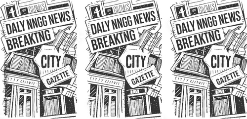 Triptych of vintage newspaper headlines announcing breaking city news with building facades
