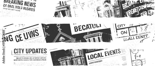 Black and white newspaper clippings with headlines and architectural