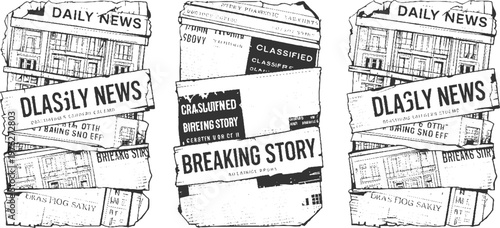 Stacked newspapers with headlines daily news and breaking story in black and white style