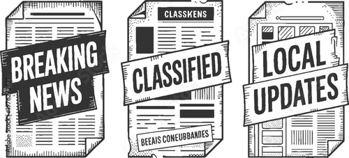 Three newspaper sections labeled breaking news classified and local updates in a hand drawn style