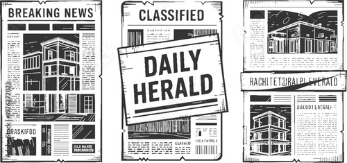 Three newspaper pages featuring architectural and headlines like breaking news classified and architectural herald