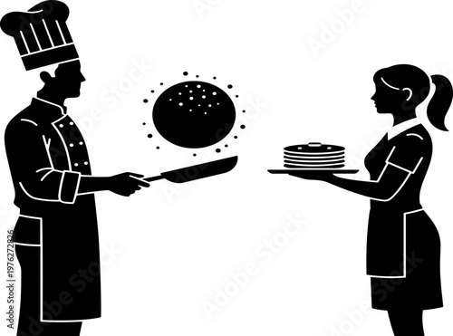 Chef and server silhouette illustration, professional kitchen teamwork vector, cooking and serving roles, restaurant staff in uniforms, culinary hospitality artwork design