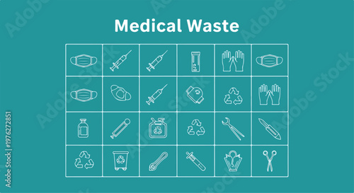 Medical Waste Icon Set with 24 Line Vector Elements, Healthcare Biohazard Disposal Symbols, Clinical Trash and Hospital Recycling Graphics for Safety Signage and Education isolated PNG with