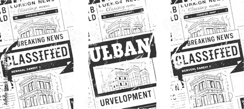 Black and white newspaper clippings featuring urban development and classified ads with building