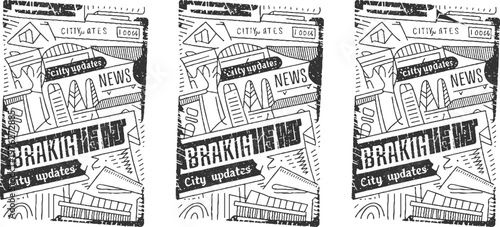 Hand drawn black and white city news headlines and updates collage breaking