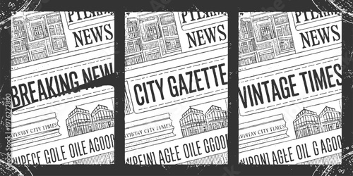 Three vintage newspaper sections showing headlines and city buildings in black and white style