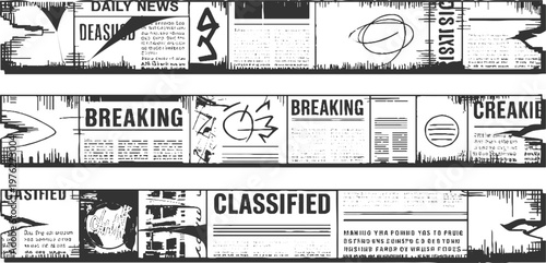 Black and white newspaper collage with headlines breaking news and classified ads