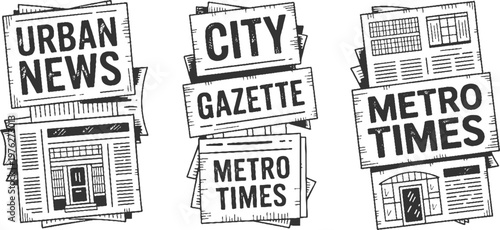 Stacked newspapers with headlines urban news city gazette metro times in hand drawn style