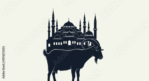 Silhouette of a goat carrying an architectural structure on its back