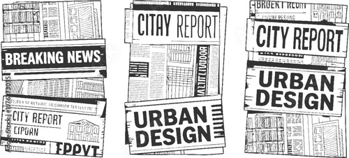 Black and white of three newspaper stacks with headlines breaking news city report urban