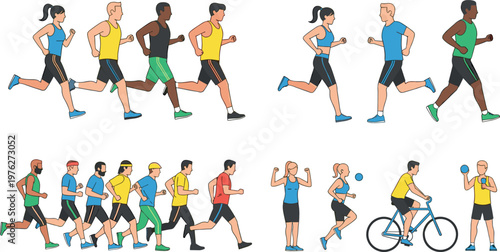 Running and Fitness Activity Characters Set Featuring Jogging Cycling and Workout Exercises for Healthy Lifestyle and Sports Illustration Design