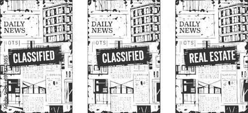 Black and white newspaper collage with classified and real estate ads featuring buildings and text