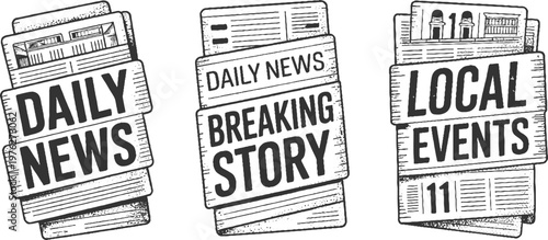 Three stacks of newspapers with headlines daily news breaking story and local events