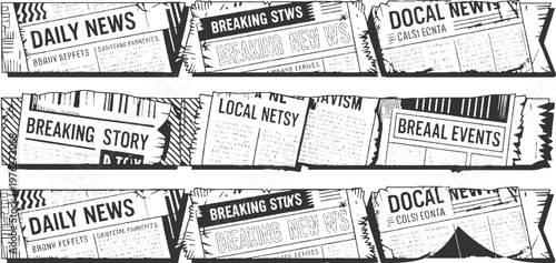 Black and white newspaper headlines and articles stacked and torn print