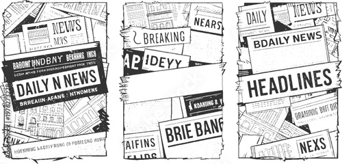 Black and white newspaper headlines and articles layered and overlapping in a collage style print