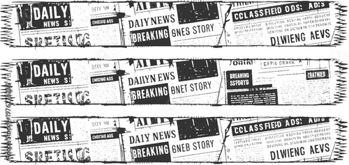 Black and white newspaper clippings with headlines and text in a collage style daily breaking story