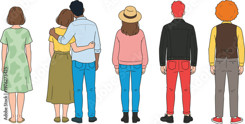 Back view of diverse group of people in casual clothing, rear view crowd of friends and couples standing together vector illustration