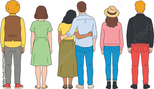 Back view of diverse group of people in casual clothing, rear view crowd of friends and couples standing together vector illustration